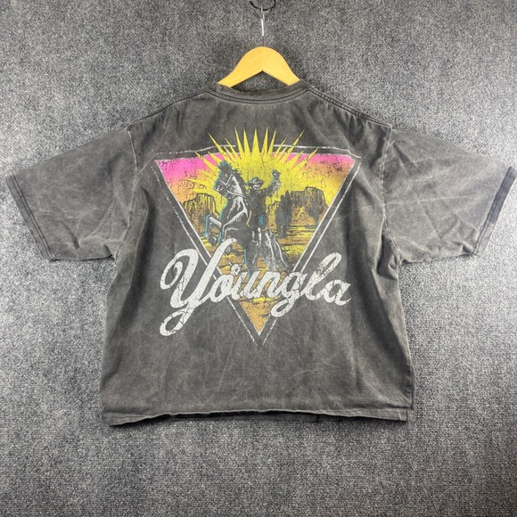 Youngla Gray Graphic Print T-Shirt Men's Short Sleeve Western Cowboy - Picture 1 of 5